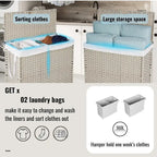 Panier à linge gris 160L avec couvercle, roulettes et 2 sacs amovibles, cadre en rotin PE