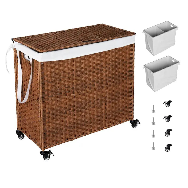Panier à linge gris 160L avec couvercle, roulettes et 2 sacs amovibles, cadre en rotin PE