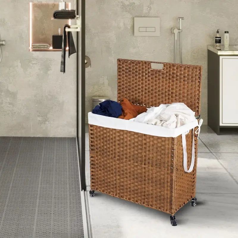 Panier à linge gris 160L avec couvercle, roulettes et 2 sacs amovibles, cadre en rotin PE