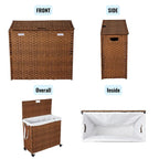 Panier à linge gris 160L avec couvercle, roulettes et 2 sacs amovibles, cadre en rotin PE