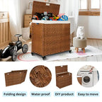 Panier à linge gris 160L avec couvercle, roulettes et 2 sacs amovibles, cadre en rotin PE