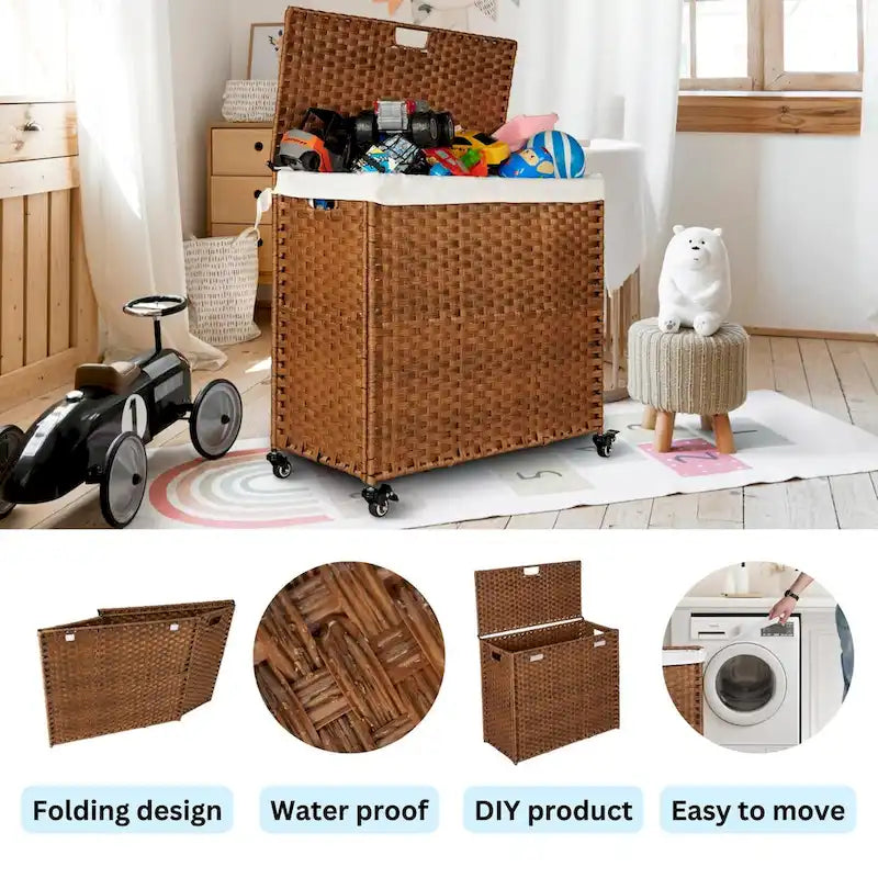 Panier à linge gris 160L avec couvercle, roulettes et 2 sacs amovibles, cadre en rotin PE