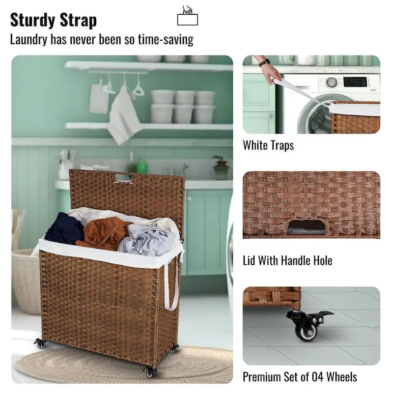 Panier à linge gris 160L avec couvercle, roulettes et 2 sacs amovibles, cadre en rotin PE