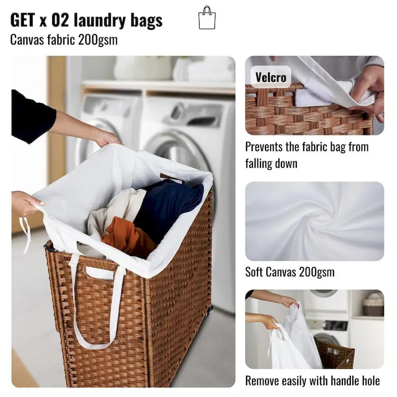 Panier à linge gris 160L avec couvercle, roulettes et 2 sacs amovibles, cadre en rotin PE