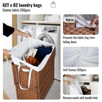 Panier à linge gris 160L avec couvercle, roulettes et 2 sacs amovibles, cadre en rotin PE