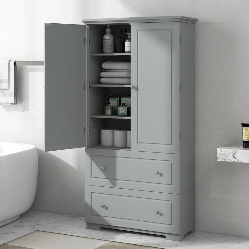 Meuble colonne de salle de bain avec 2 tiroirs, 2 portes et étagères réglables