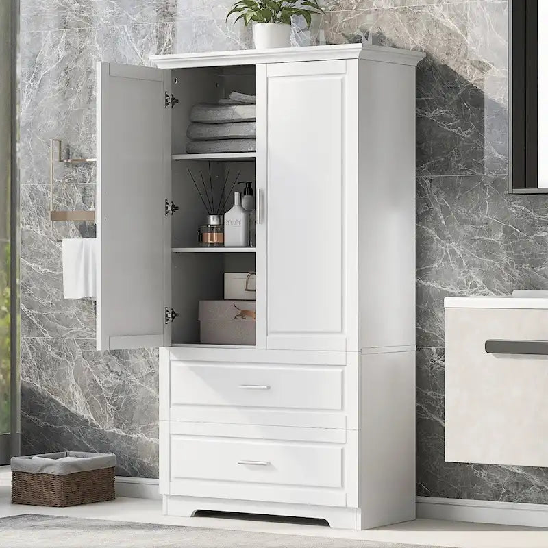 Meuble colonne de salle de bain avec 2 tiroirs, 2 portes et étagères réglables