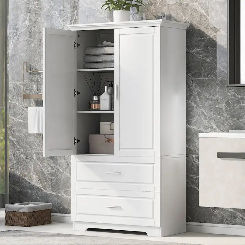 Meuble colonne de salle de bain avec 2 tiroirs, 2 portes et étagères réglables
