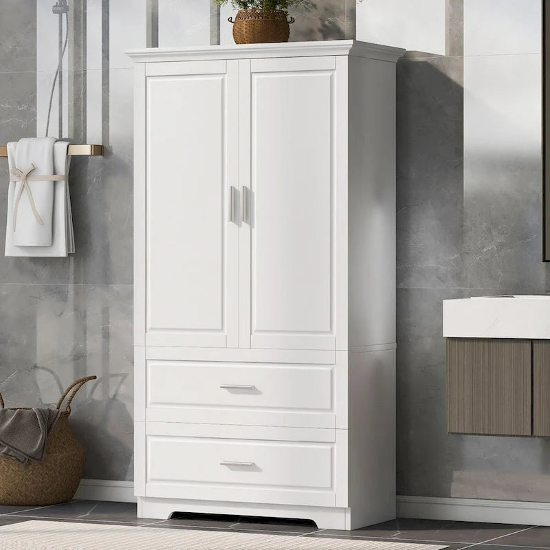 Meuble colonne de salle de bain avec 2 tiroirs, 2 portes et étagères réglables