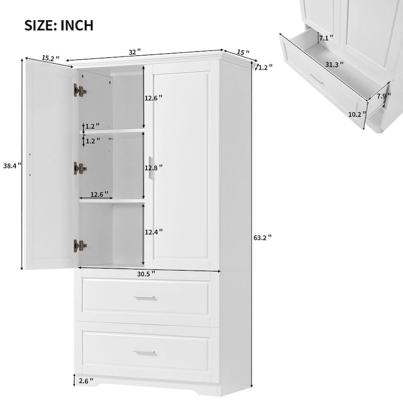Meuble colonne de salle de bain avec 2 tiroirs, 2 portes et étagères réglables
