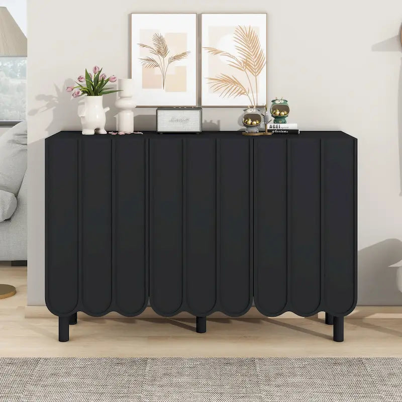 Meuble à chaussures minimaliste crème avec portes ondulées, 5 pieds en bois et étagères réglables
