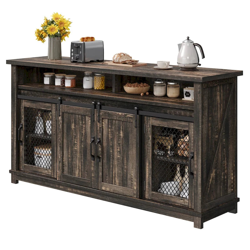 Buffet de ferme 63W avec portes coulissantes de grange et portes vitrées