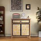 Meuble de rangement en bois naturel avec tiroirs et portes, 75 L x 36 P x 78 H cm