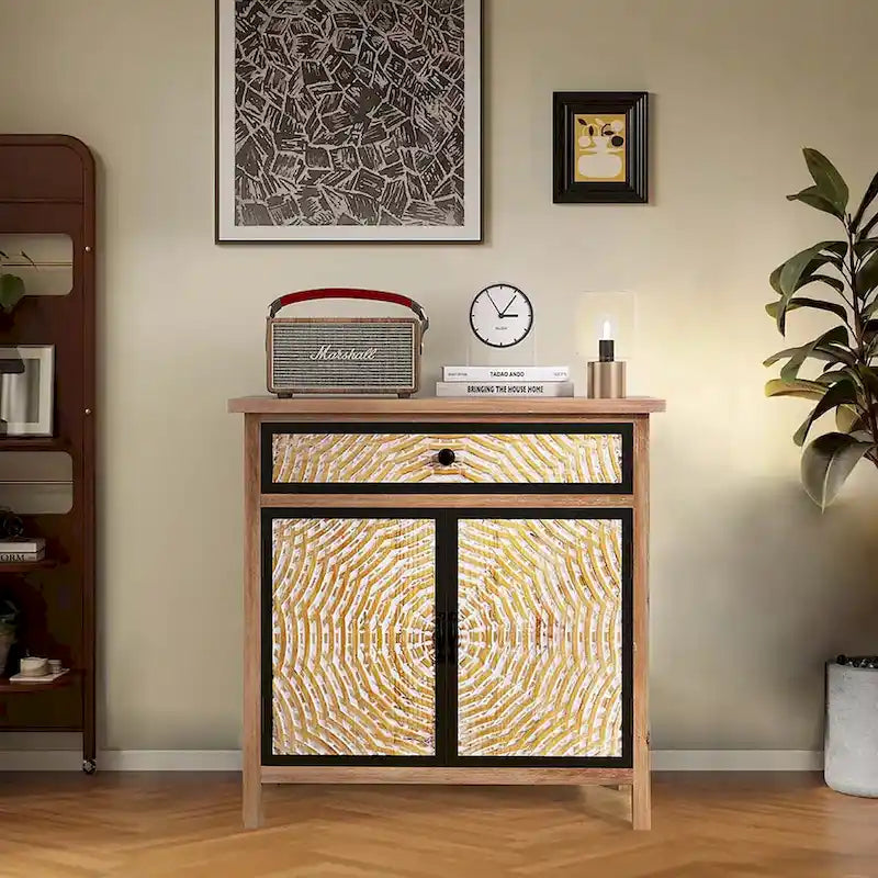 Meuble de rangement en bois naturel avec tiroirs et portes, 75 L x 36 P x 78 H cm