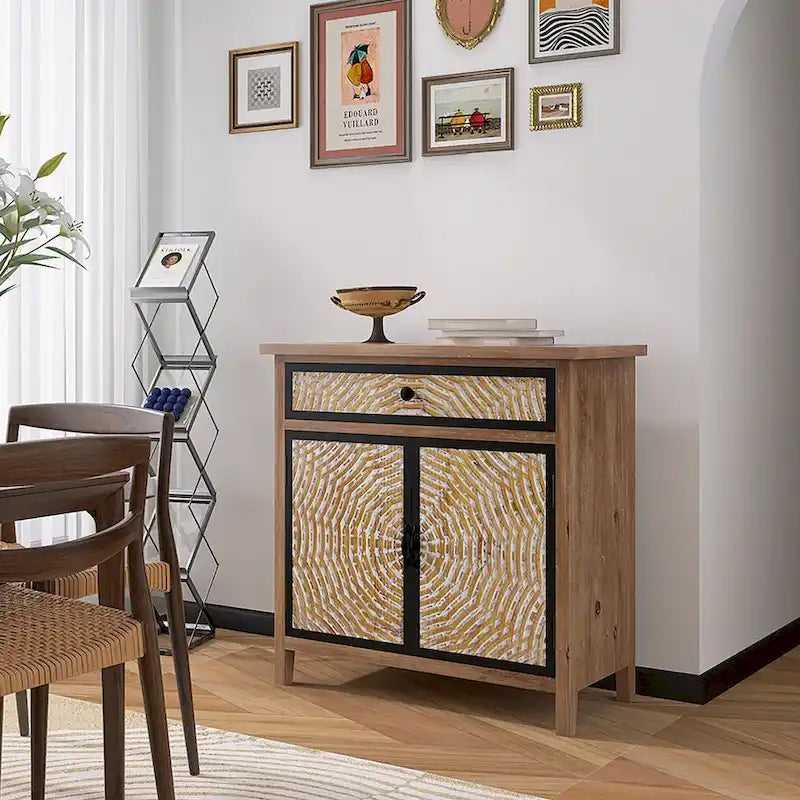 Meuble de rangement en bois naturel avec tiroirs et portes, 75 L x 36 P x 78 H cm