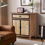 Meuble de rangement en bois naturel avec tiroirs et portes, 75 L x 36 P x 78 H cm