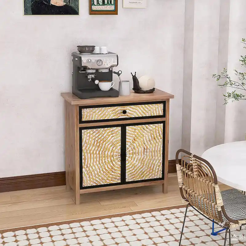 Meuble de rangement en bois naturel avec tiroirs et portes, 75 L x 36 P x 78 H cm