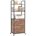Meuble de rangement mobile à 2 tiroirs avec serrure, barre de suspension et 8 crochets, Marron rustique
