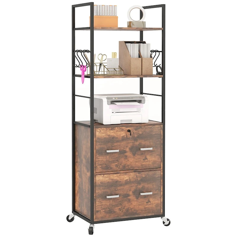 Meuble de rangement mobile à 2 tiroirs avec serrure, barre de suspension et 8 crochets, Marron rustique
