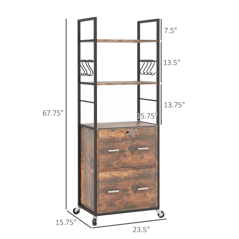 Meuble de rangement mobile à 2 tiroirs avec serrure, barre de suspension et 8 crochets, Marron rustique