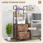 Meuble de rangement mobile à 2 tiroirs avec serrure, barre de suspension et 8 crochets, Marron rustique