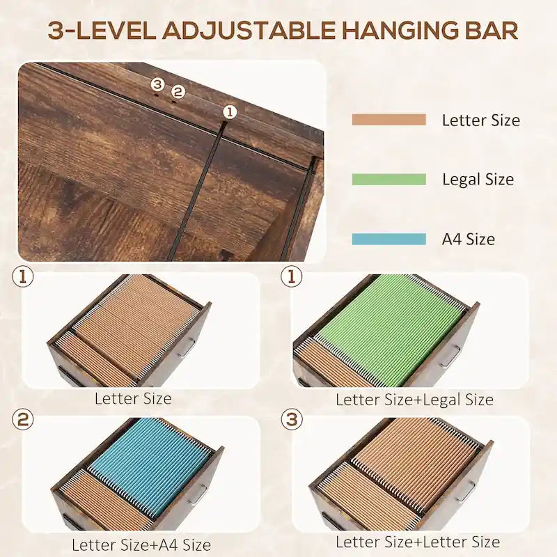 Meuble de rangement mobile à 2 tiroirs avec serrure, barre de suspension et 8 crochets, Marron rustique