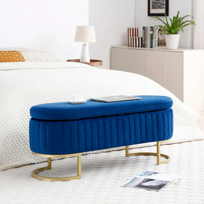 Storage Bench Bedroom Bench, Velvet Oval Upholstered End of Bed Bench with Golden Metal Legs, 50  Storage Ottoman Bench