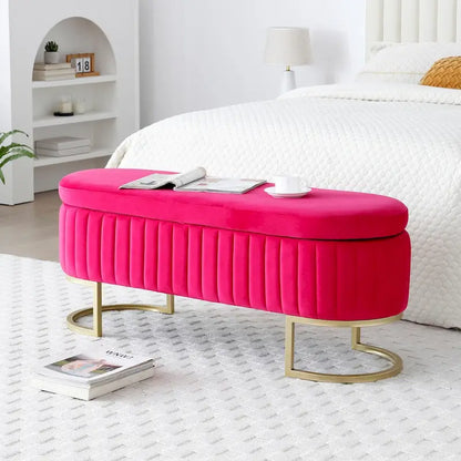 Storage Bench Bedroom Bench, Velvet Oval Upholstered End of Bed Bench with Golden Metal Legs, 50  Storage Ottoman Bench