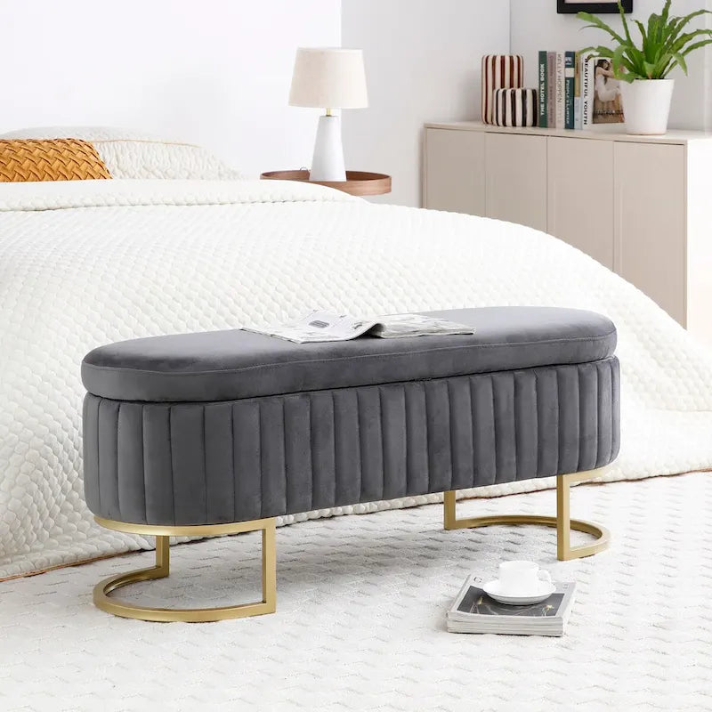 Storage Bench Bedroom Bench, Velvet Oval Upholstered End of Bed Bench with Golden Metal Legs, 50  Storage Ottoman Bench