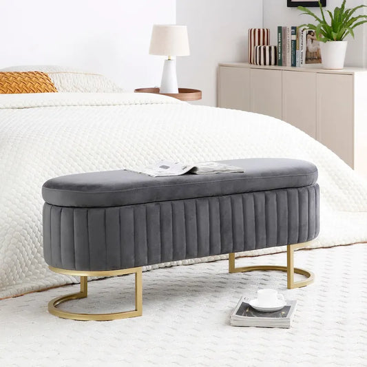 Storage Bench Bedroom Bench, Velvet Oval Upholstered End of Bed Bench with Golden Metal Legs, 50  Storage Ottoman Bench
