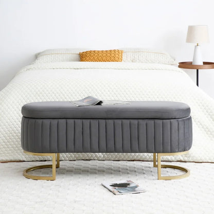 Storage Bench Bedroom Bench, Velvet Oval Upholstered End of Bed Bench with Golden Metal Legs, 50  Storage Ottoman Bench
