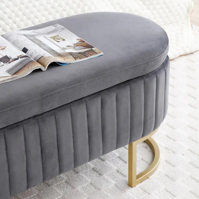 Storage Bench Bedroom Bench, Velvet Oval Upholstered End of Bed Bench with Golden Metal Legs, 50  Storage Ottoman Bench
