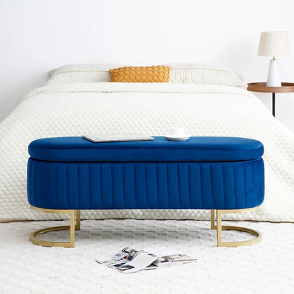 Storage Bench Bedroom Bench, Velvet Oval Upholstered End of Bed Bench with Golden Metal Legs, 50  Storage Ottoman Bench
