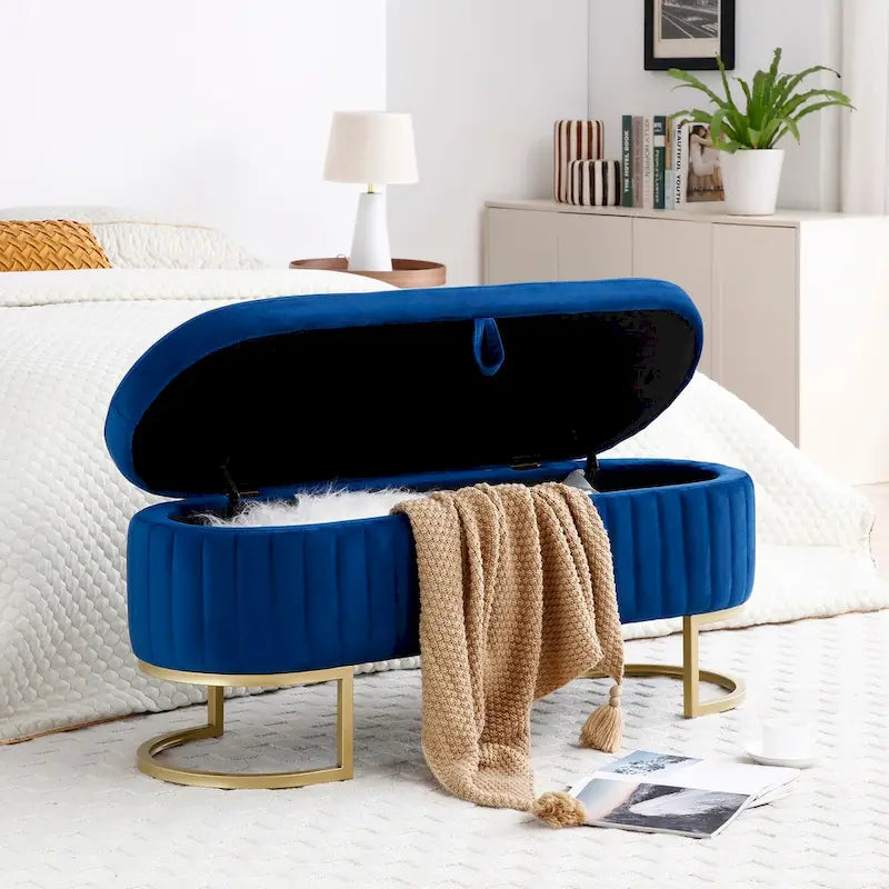 Storage Bench Bedroom Bench, Velvet Oval Upholstered End of Bed Bench with Golden Metal Legs, 50  Storage Ottoman Bench