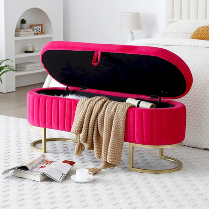 Storage Bench Bedroom Bench, Velvet Oval Upholstered End of Bed Bench with Golden Metal Legs, 50  Storage Ottoman Bench