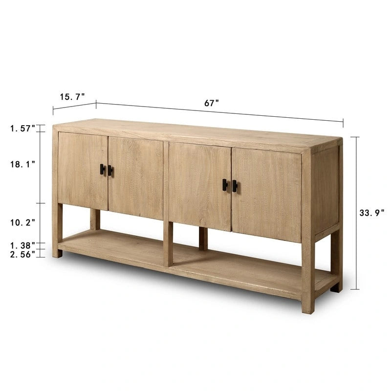 Buffet quatre portes de 170 cm avec étagère, finition naturelle patinée, style rustique/ferme