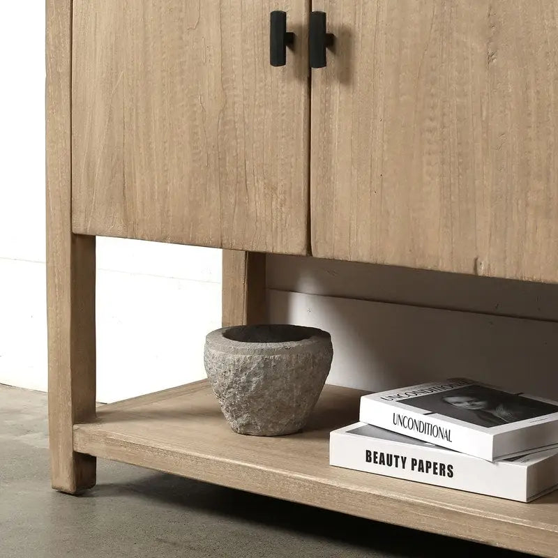 Buffet quatre portes de 170 cm avec étagère, finition naturelle patinée, style rustique/ferme