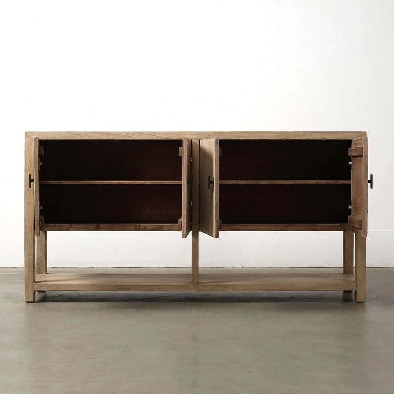 Buffet quatre portes de 170 cm avec étagère, finition naturelle patinée, style rustique/ferme